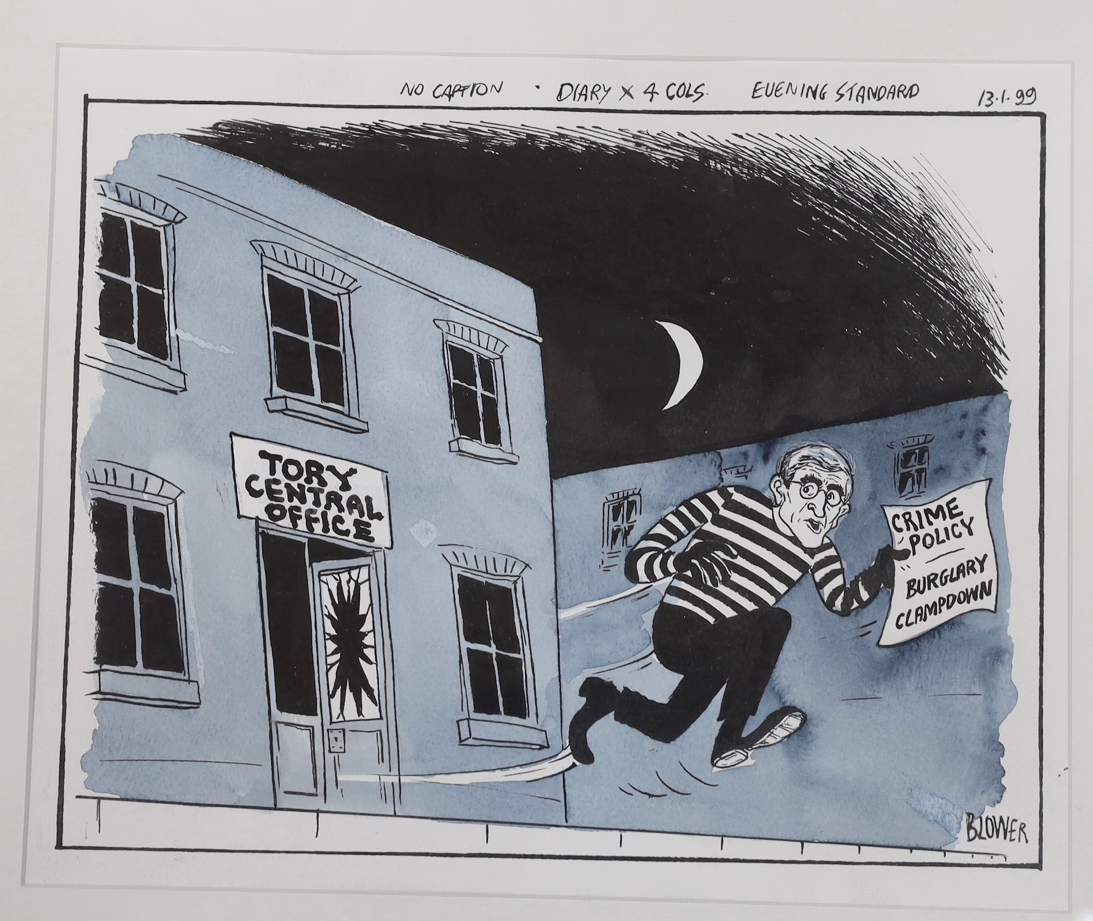 Patrick Blower (b.1959), three original ink and watercolour cartoons for The Evening Standard, 'Bill Clinton ski-ing', 'Tory Crime Policy' and 'Conservative Conference 1998', signed, 30 x 37cm